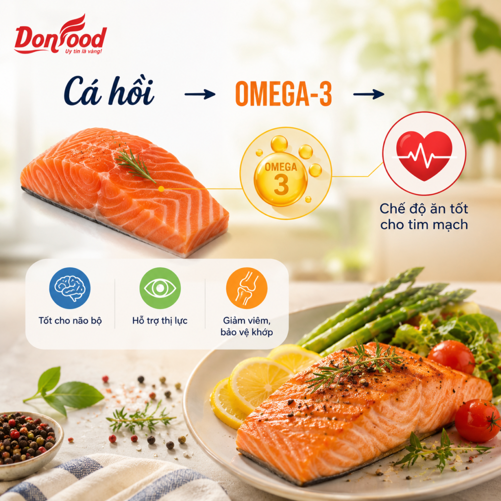 Omega-3 trong cá hồi hỗ trợ chế độ ăn tốt cho tim mạch