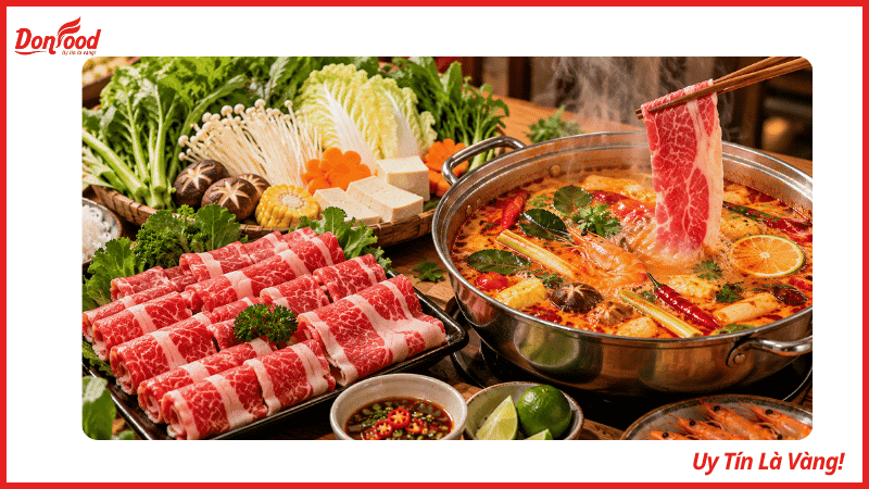 Nồi lẩu Thái chua cay thơm nồng với thịt ba chỉ bò Mỹ nhúng nóng hổi