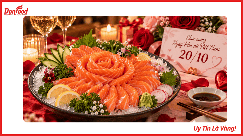 Đĩa sashimi cá hồi Na Uy tươi rói xếp hình hoa hồng lãng mạn ngày 20/10