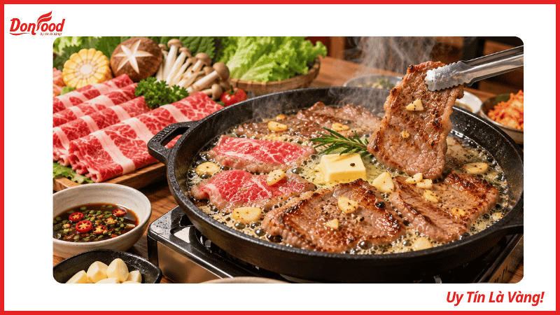 Chảo thịt bò nướng bơ tỏi xèo xèo thơm nức cho bữa tối tại gia